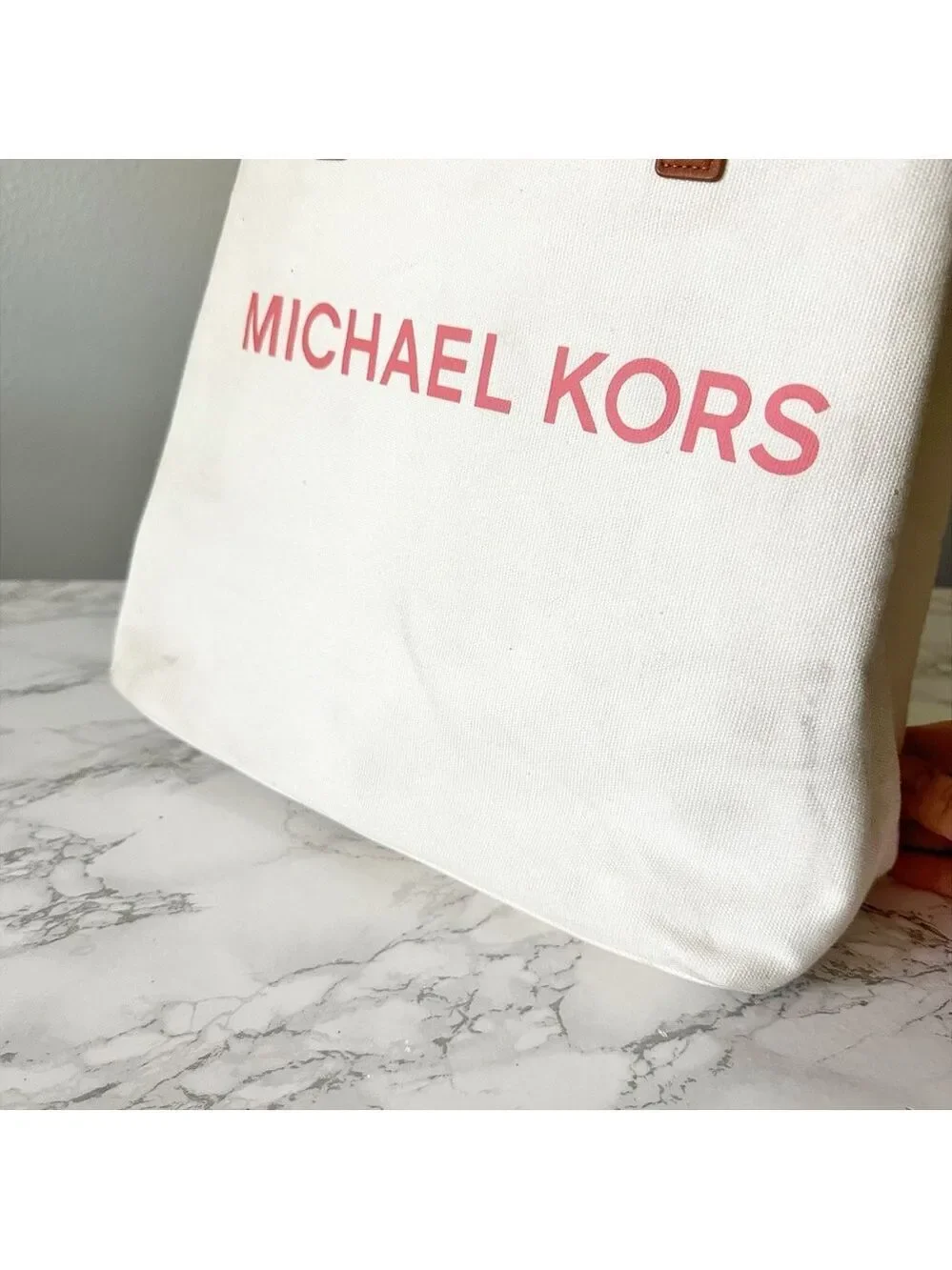 MICHAEL Michael Kors White Canvas Shoppers Tote with Brown Straps